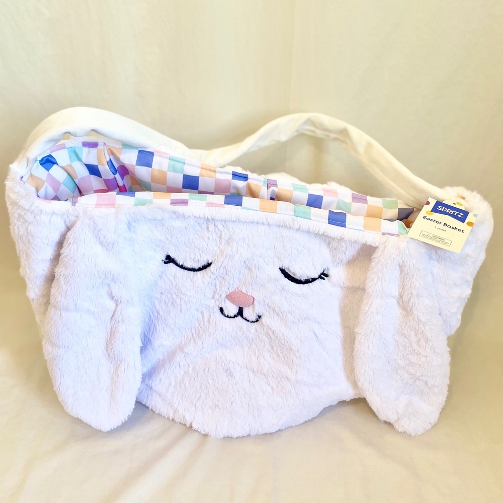 Spritz Jumbo Plush Bunny Easter Basket White Faux Fur Pastel Checkered Lining
